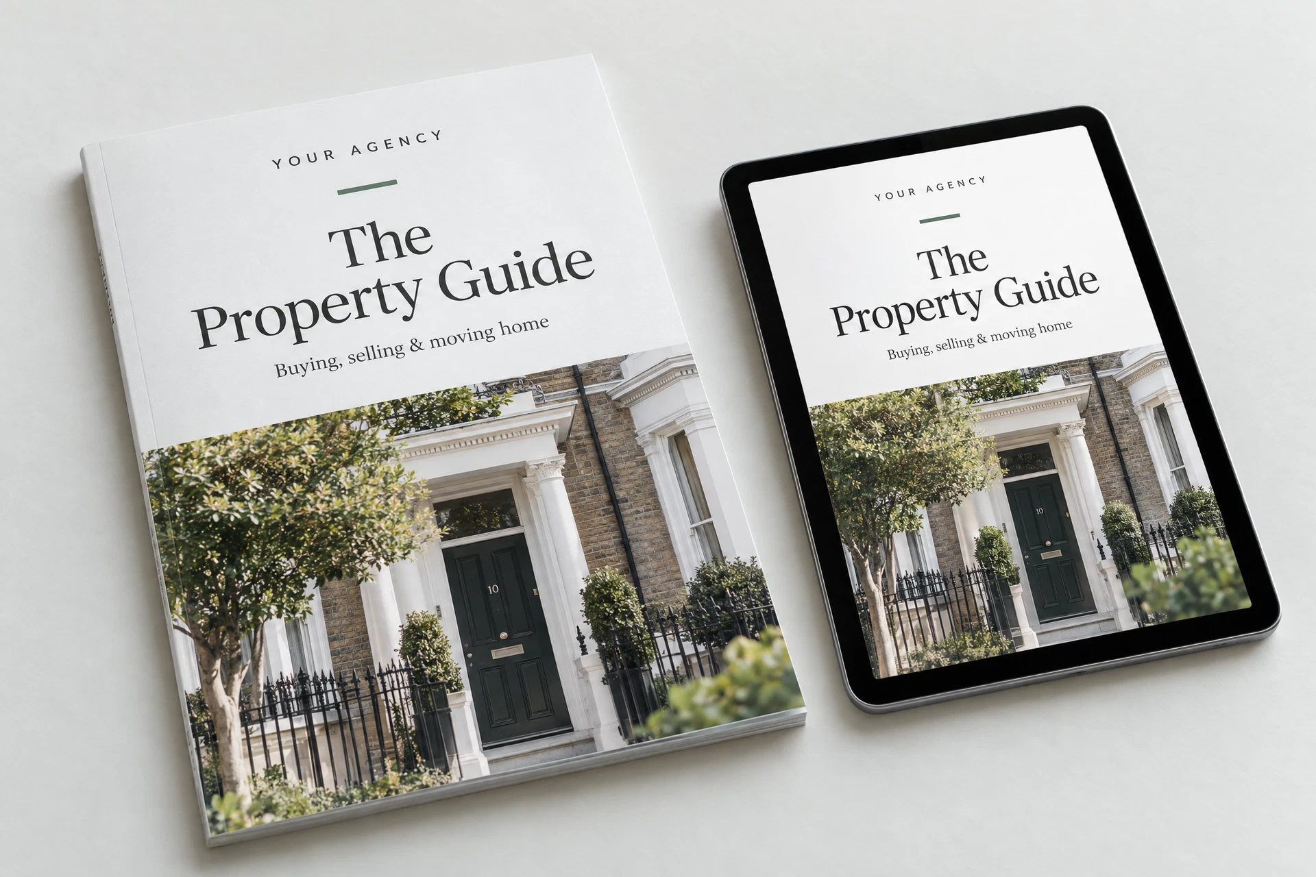 Illustrative agency-branded property-guide cover with a matching digital edition