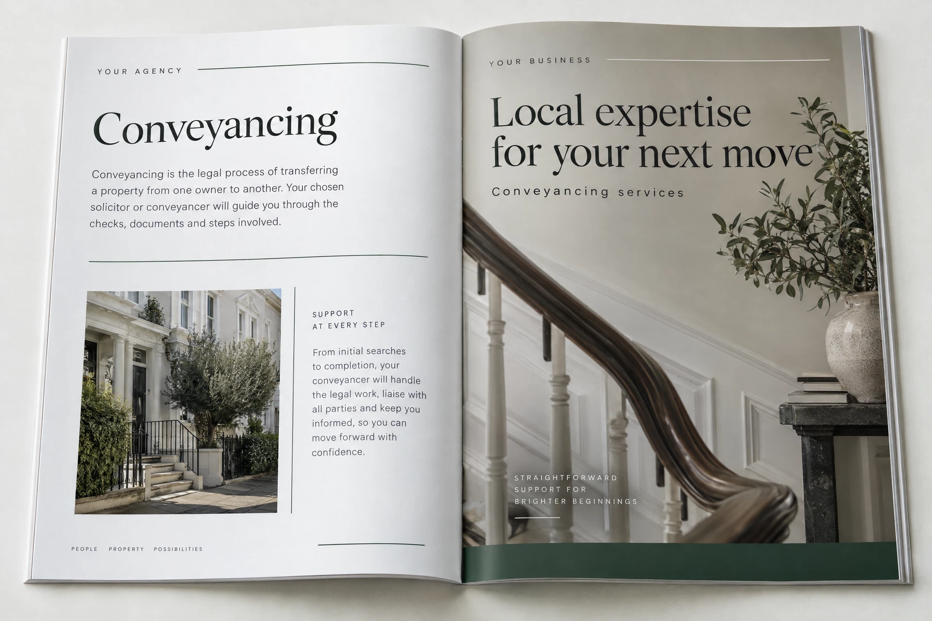 Illustrative internal spread with conveyancing editorial beside a placeholder business advertisement